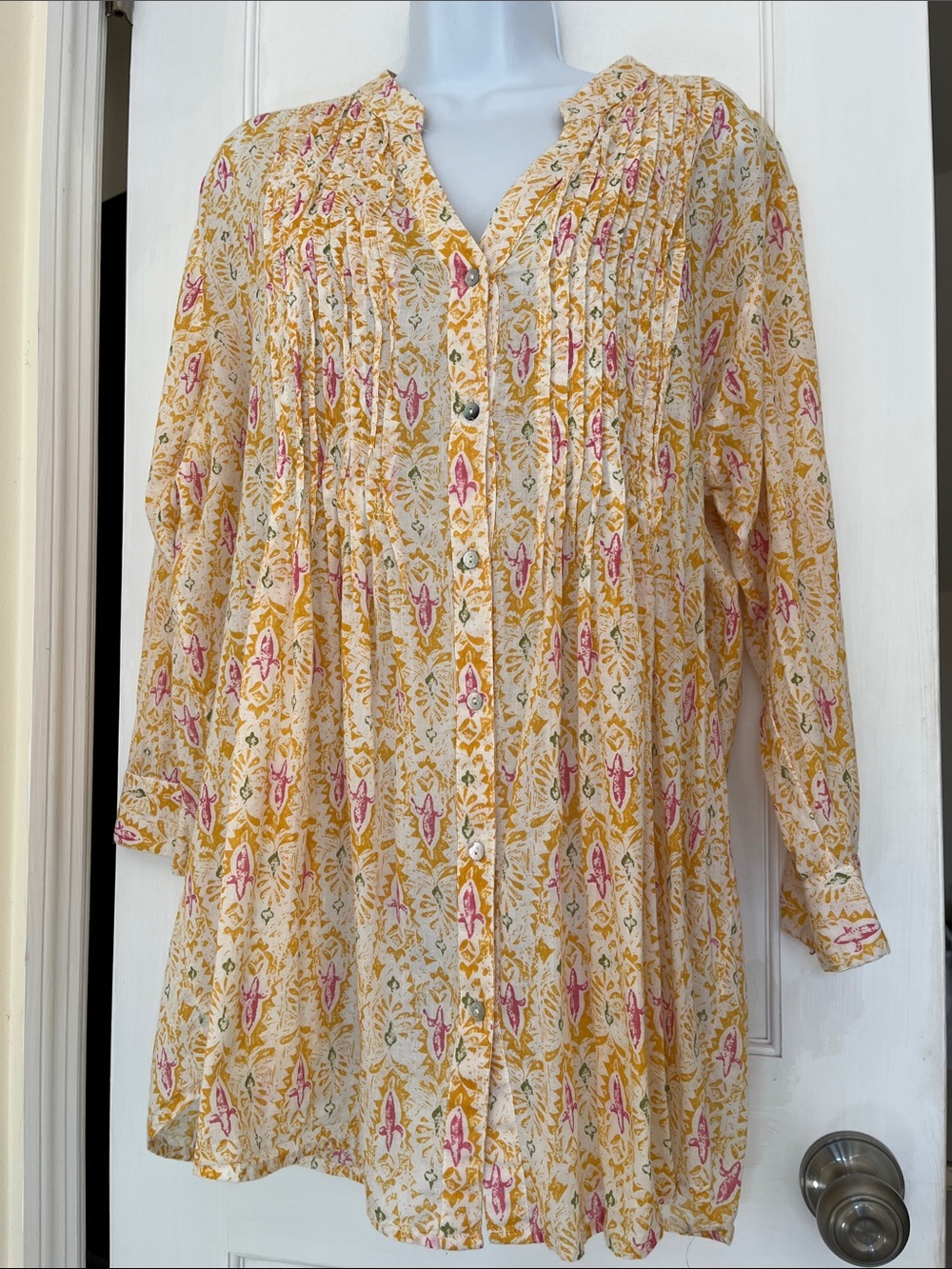 Rock Flower Paper Cotton Tunic Top Women’s XL Yellow Pink Floral Print Beachy